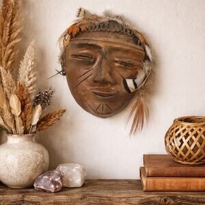 Vintage Terra Cotta Clay Spirit Mask Feather Headdress Wall Decor Signed